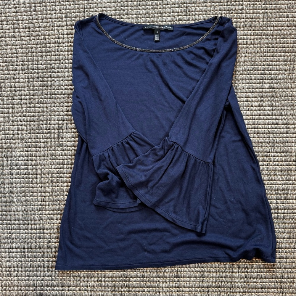 White House Black Market Blue Ruffled Bell Sleeve Blouse - Picture 2 of 3